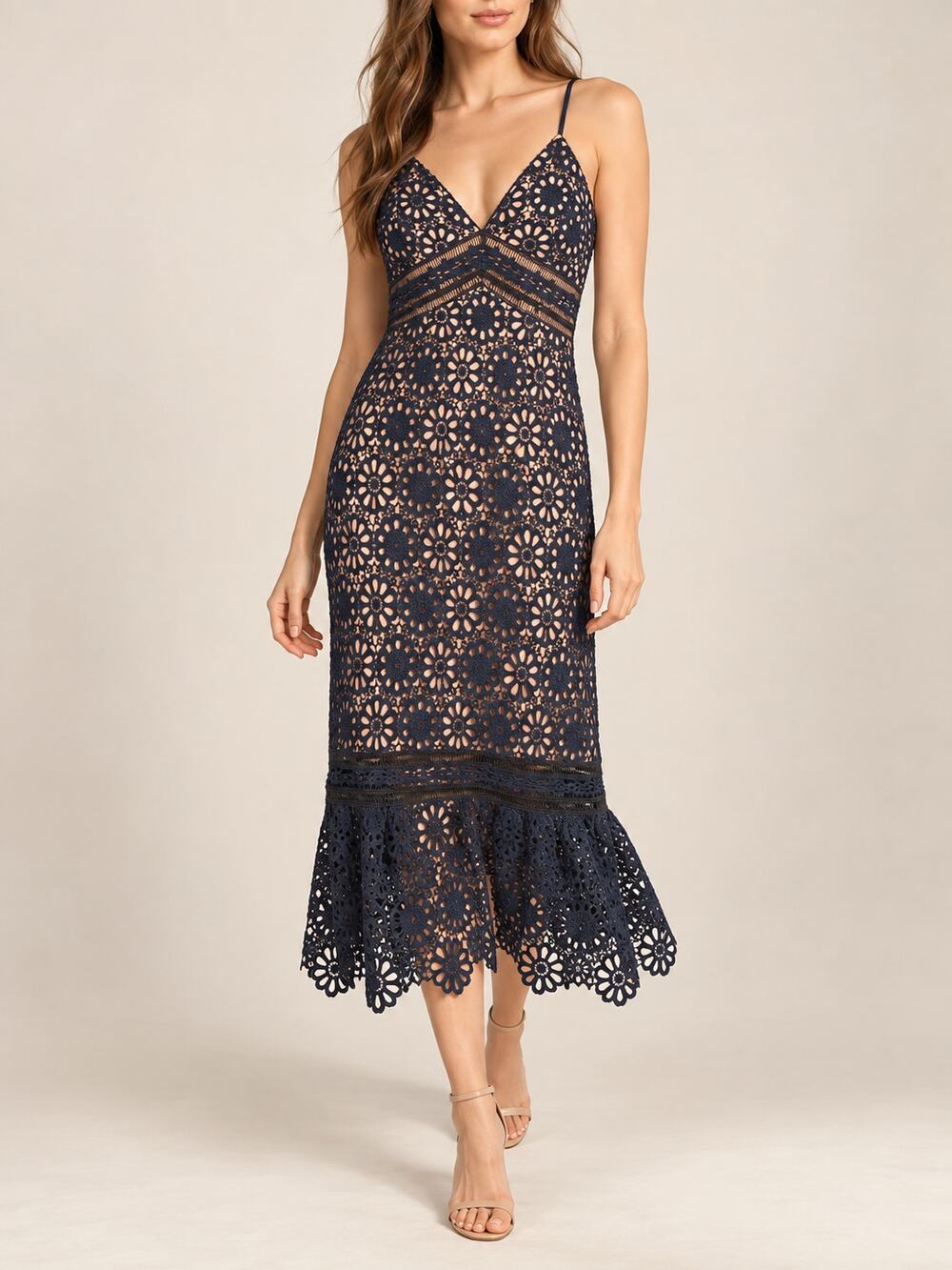 Aqua Womens Lace Dress Small Navy Blue Guipure Midi Eyelet Lined Party Cocktail